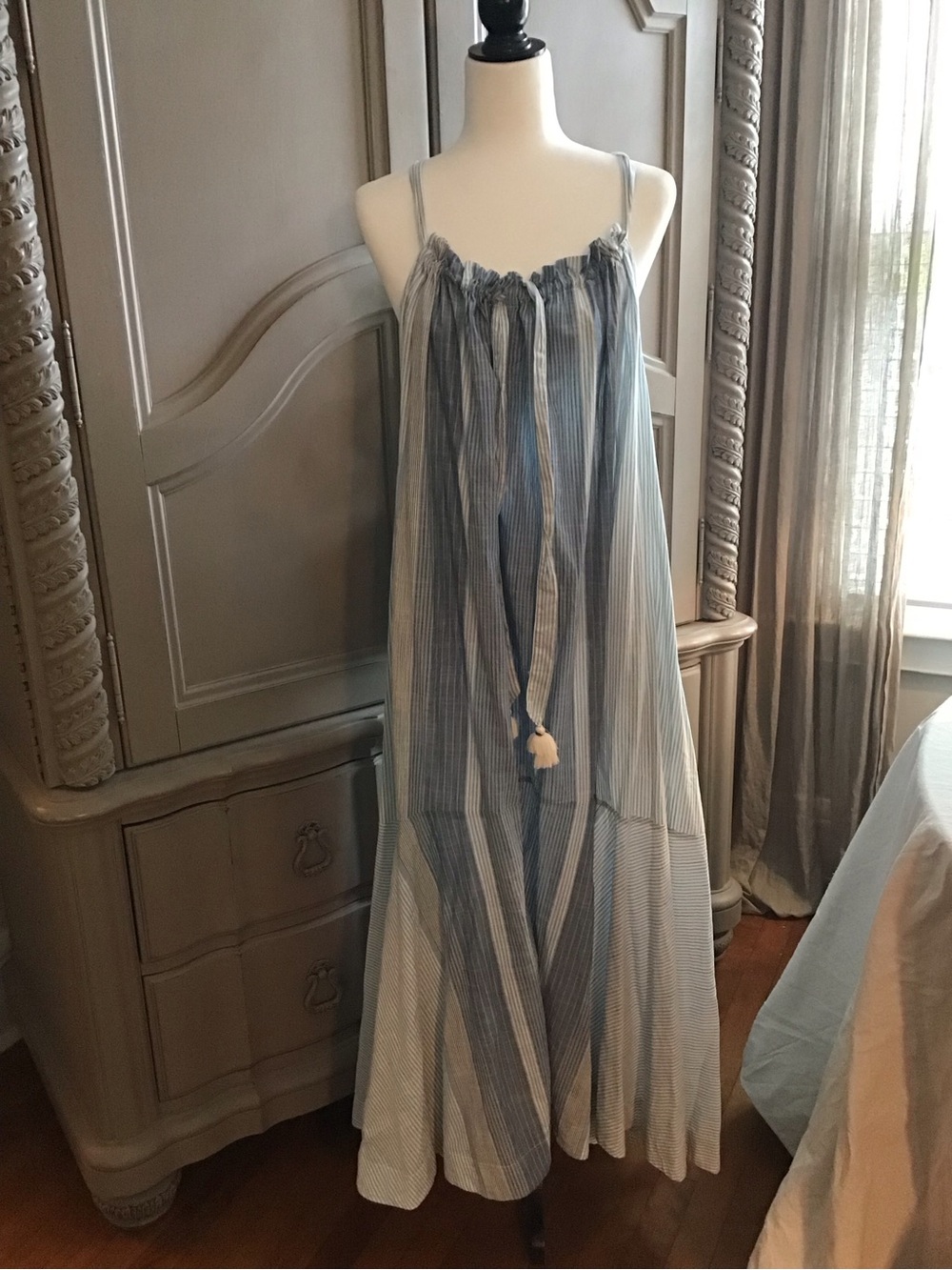 Free People Blue & White Striped Maxi Striped Dress with Tassel Tie